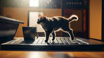 小黑猫从长方形的餐桌跳到了日式的茶几上，它从笔记本电脑键盘上慢慢踩过，屏幕瞬间转到了登陆密码的界面，电脑屏幕后面是投影幕布。