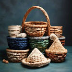 一堆手工编织篮子，堆成山的形状