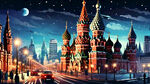 俄罗斯风格的建筑，俄罗斯地标建筑，俄罗斯著名建筑，莫斯科红场，上部分是星空，有星星，有月亮，下部分是建筑，城市街景，街道，汽车，路人，夜景光，扁平插画，高细节，高品质，高分辨率