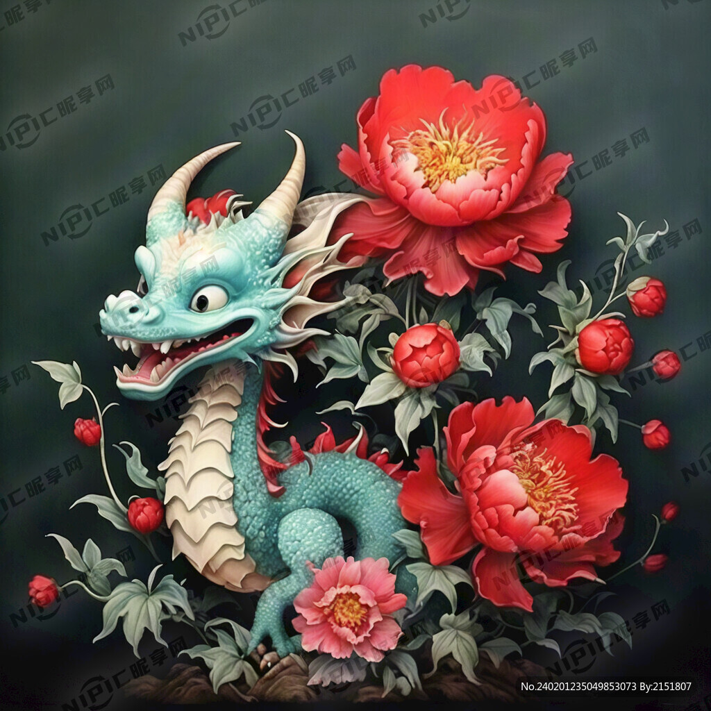 龙年春节 红色 牡丹 卡通龙
