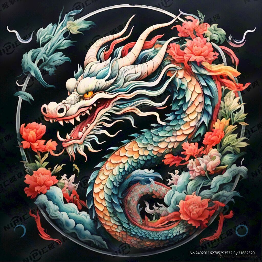 中国龙 正面 彩色国潮风插画
