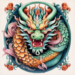 中国龙，正面，彩色国潮风插画，画面左右对称，细节清晰