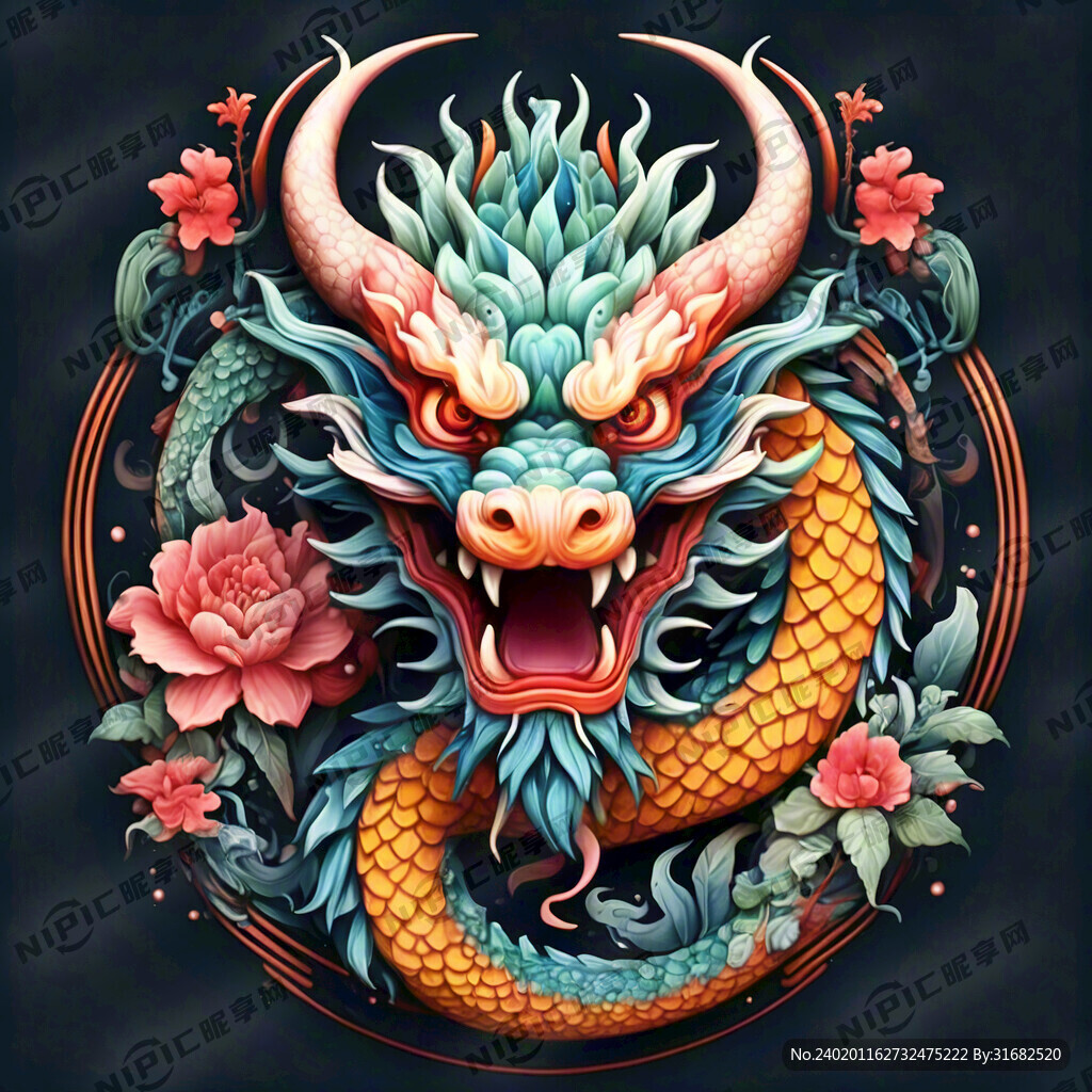 中国龙 正面 彩色国潮风插画