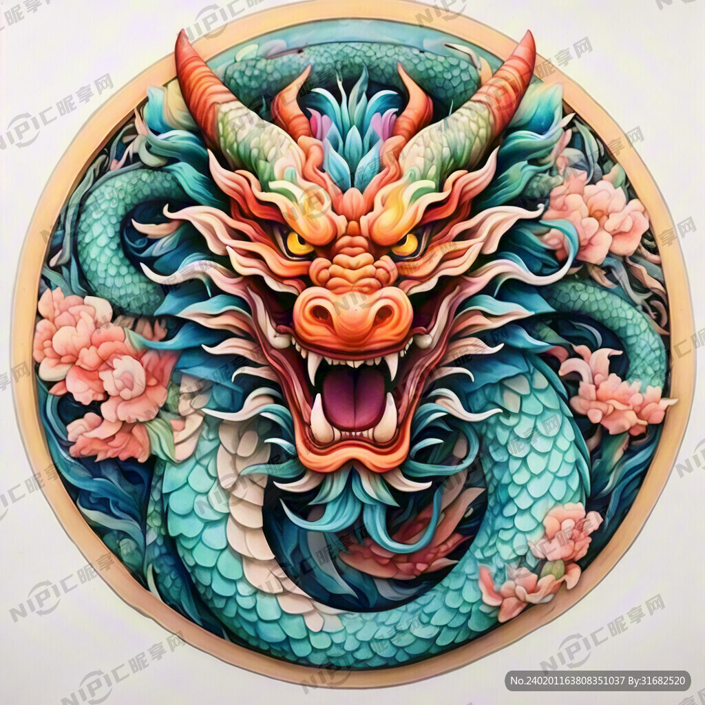 中国龙 正面 彩色国潮风插画