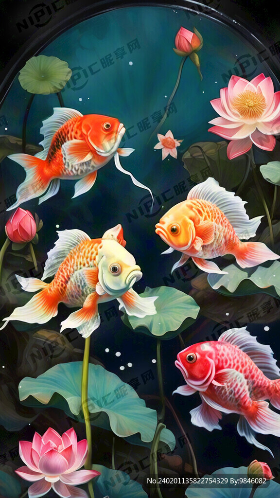 荷花带9条鲤鱼图