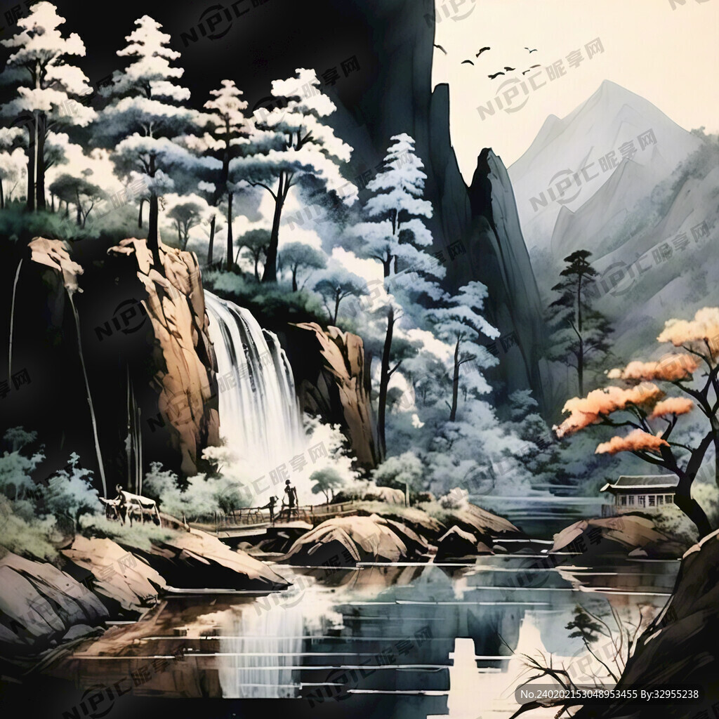 山林  素描线稿   中国风