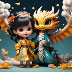 一只龙和一只凤凰
腾飞在祥云中保护一个可爱的女娃娃，颜色金黄