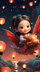 一张喜庆的海报，整体画面为红色，画面中有一个很可爱的女生，坐在一条中国龙上飞翔，四周漂浮着红灯笼，背景为红色