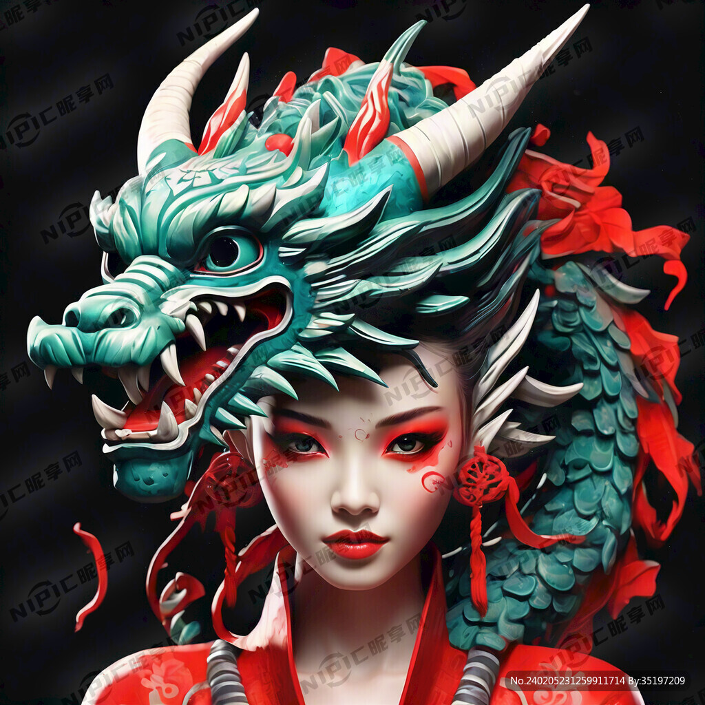 女性龙形态勾线赛博朋克过年喜庆