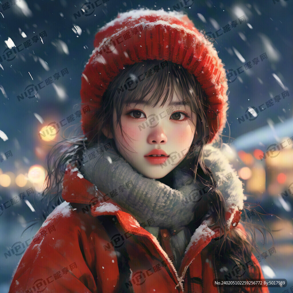 海边 下大雪。一个红衣女孩