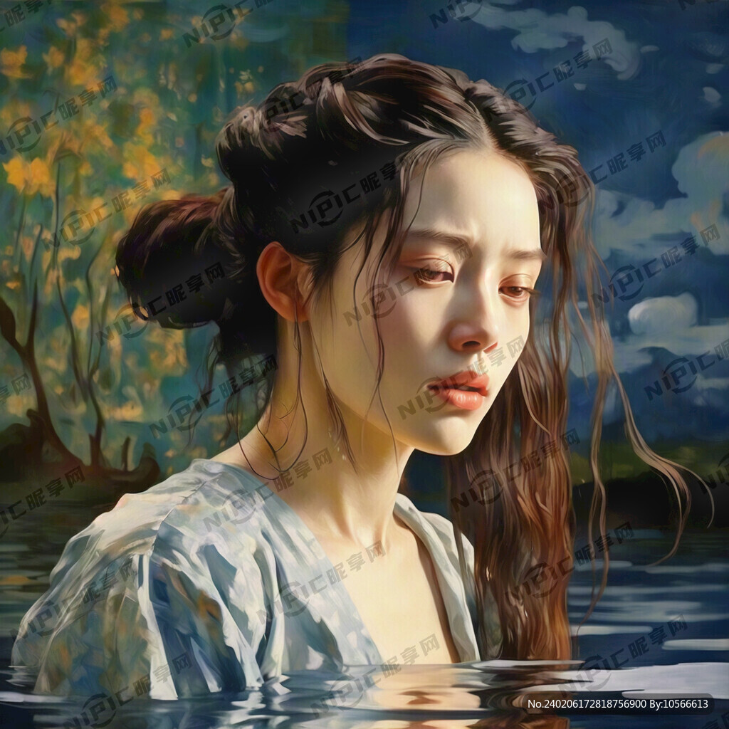 女子撩着头发看着水面上的倒影