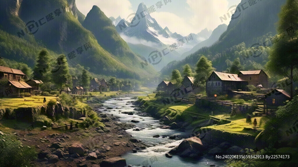 大山 森林 村庄 河流