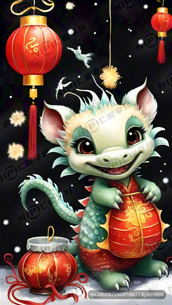 龙 可爱 灯笼 大红底 卡通