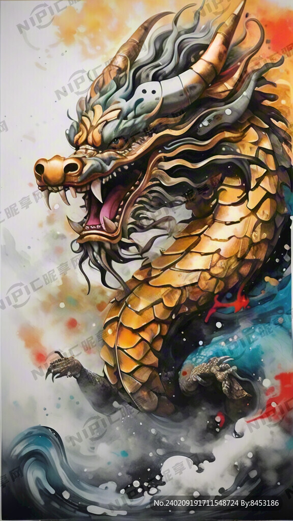 金色的中国龙 穿行在祥云中