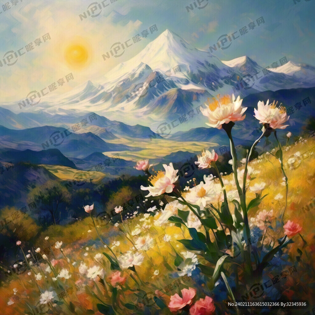 山上 遇见春天 风吹小花 油画