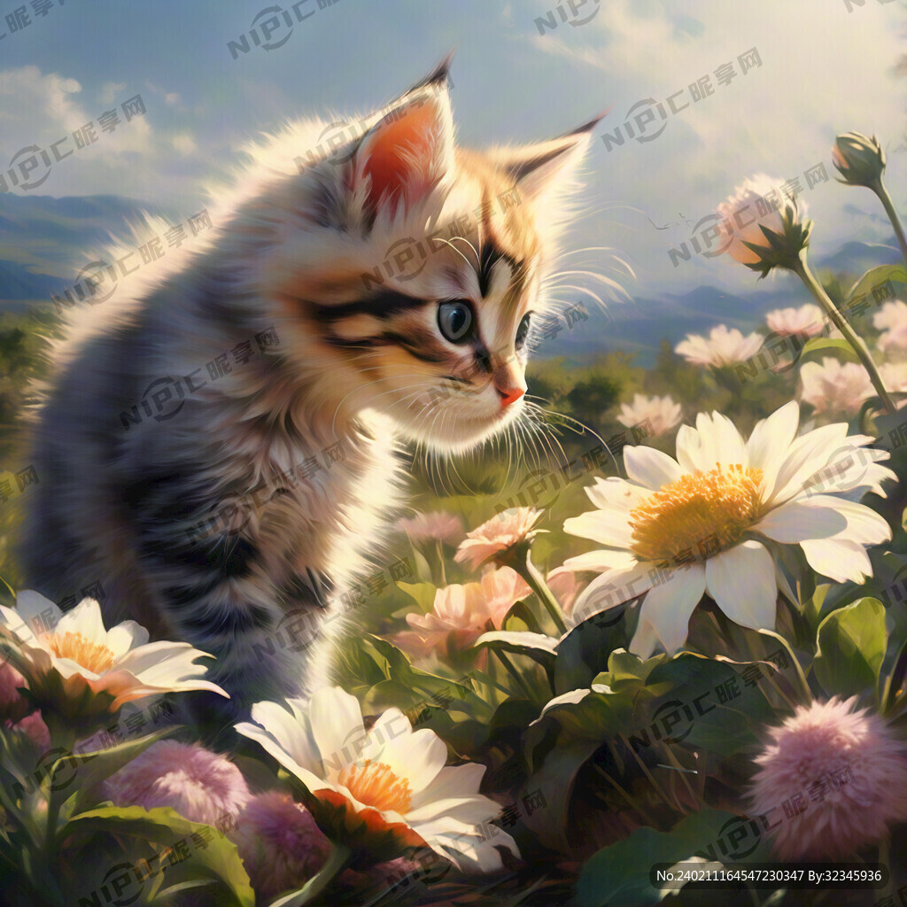 向阳坡上 小猫闻花朵的香气
