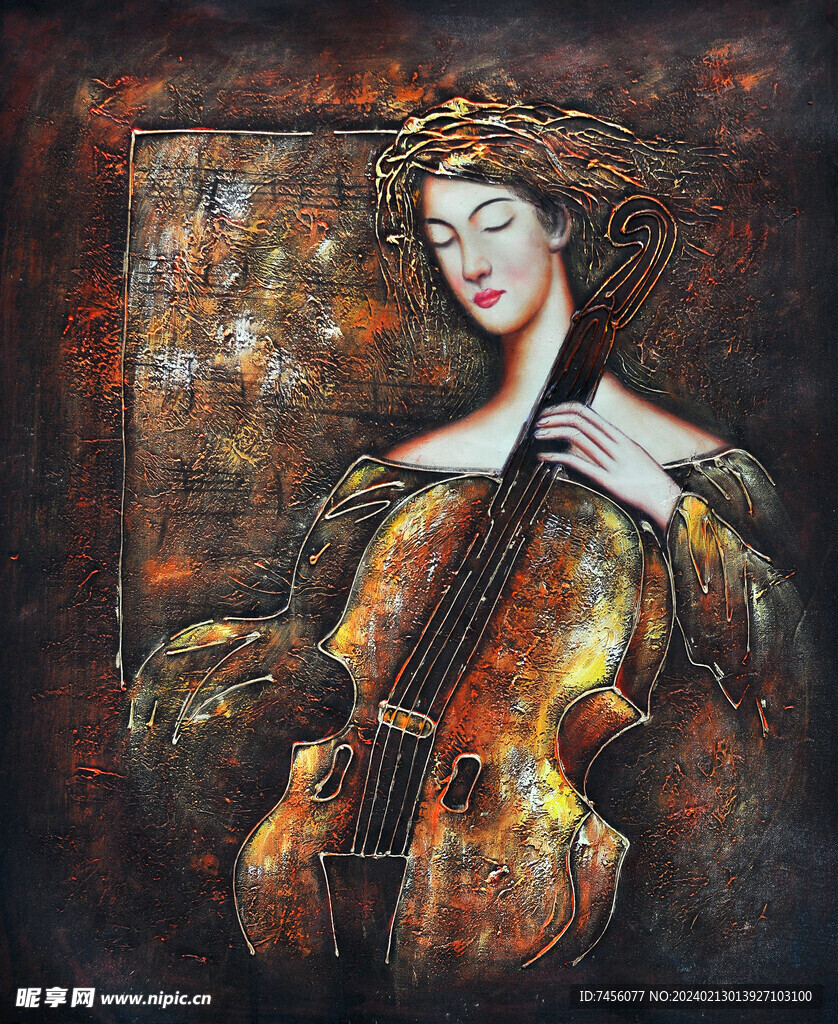 吉他美女油画装饰画