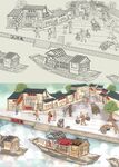 古建筑集市线稿插画