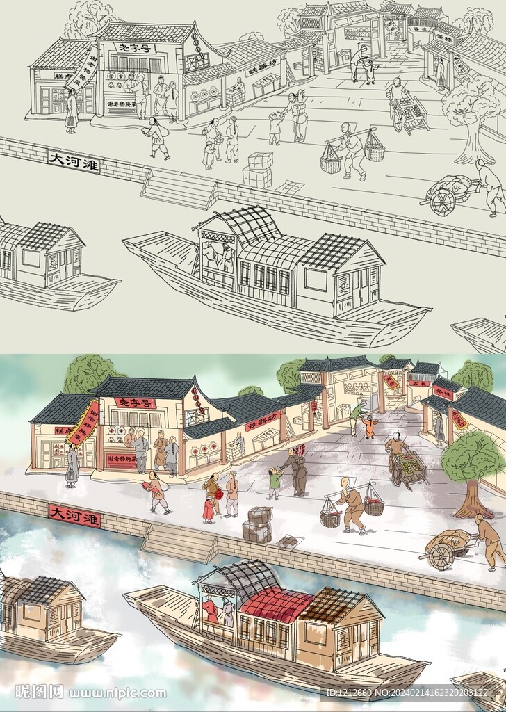 古建筑集市线稿插画