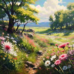 平原草地，植物丰茂的春天，自然风光，阳光明亮，天空晴朗，小花细节丰富，油画
