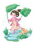 清新中国风雨水节气女孩打伞小狗