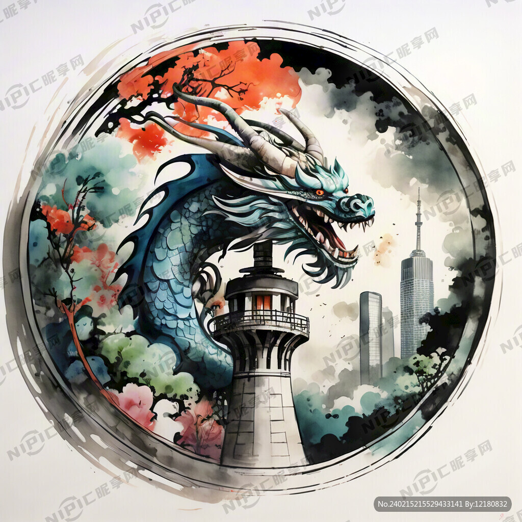 中国龙围绕着广州小蛮腰手绘图