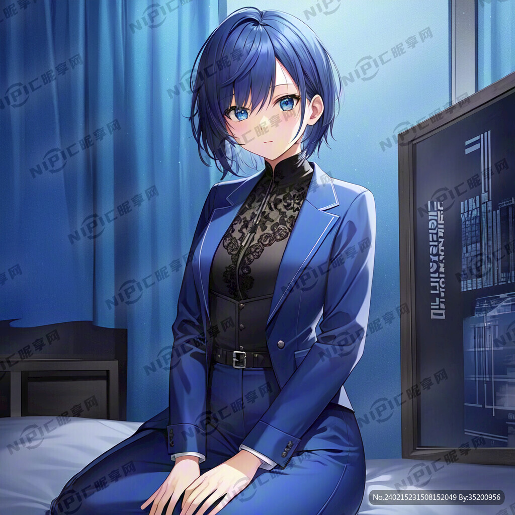 女性 蓝色 短发 斜刘海 西装