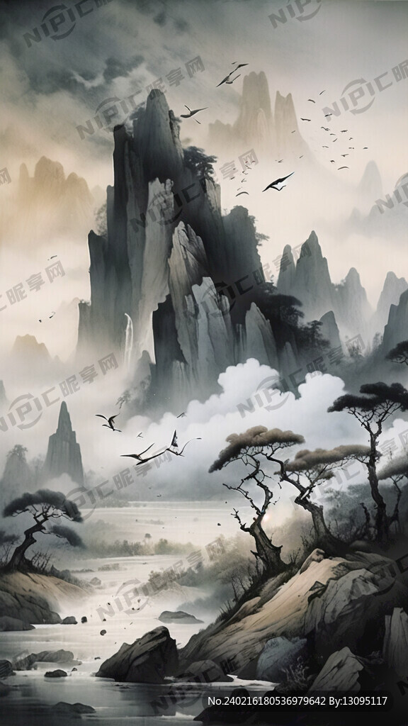 中国风 中国画 黑白   山水