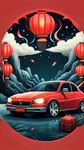 元宵节汽车行业海报，红色，有轮胎，有元宵节氛围