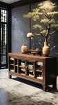 茶水柜，新中式风格，黑胡桃木实木，榫卯结构，超高清写实效果