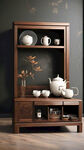 茶水柜，带自动烧水壶，实木茶盘，新中式风格，黑胡桃木实木，榫卯结构，超高清写实效果