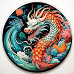 中国龙，正面，彩色国潮风插画，画面左右对称，细节清晰