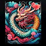 中国龙，正面，彩色国潮风插画，画面左右对称，细节清晰