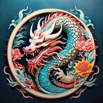 中国龙，正面，彩色国潮风插画，画面左右对称，细节清晰