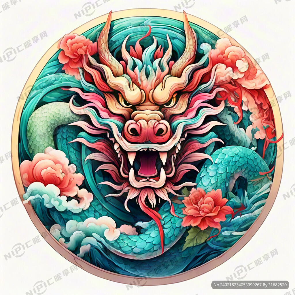 中国龙 正面 彩色国潮风插画