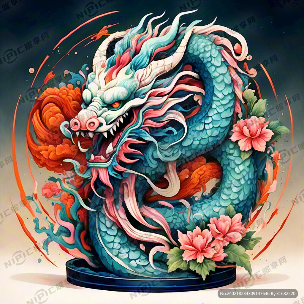 中国龙 正面 彩色国潮风插画