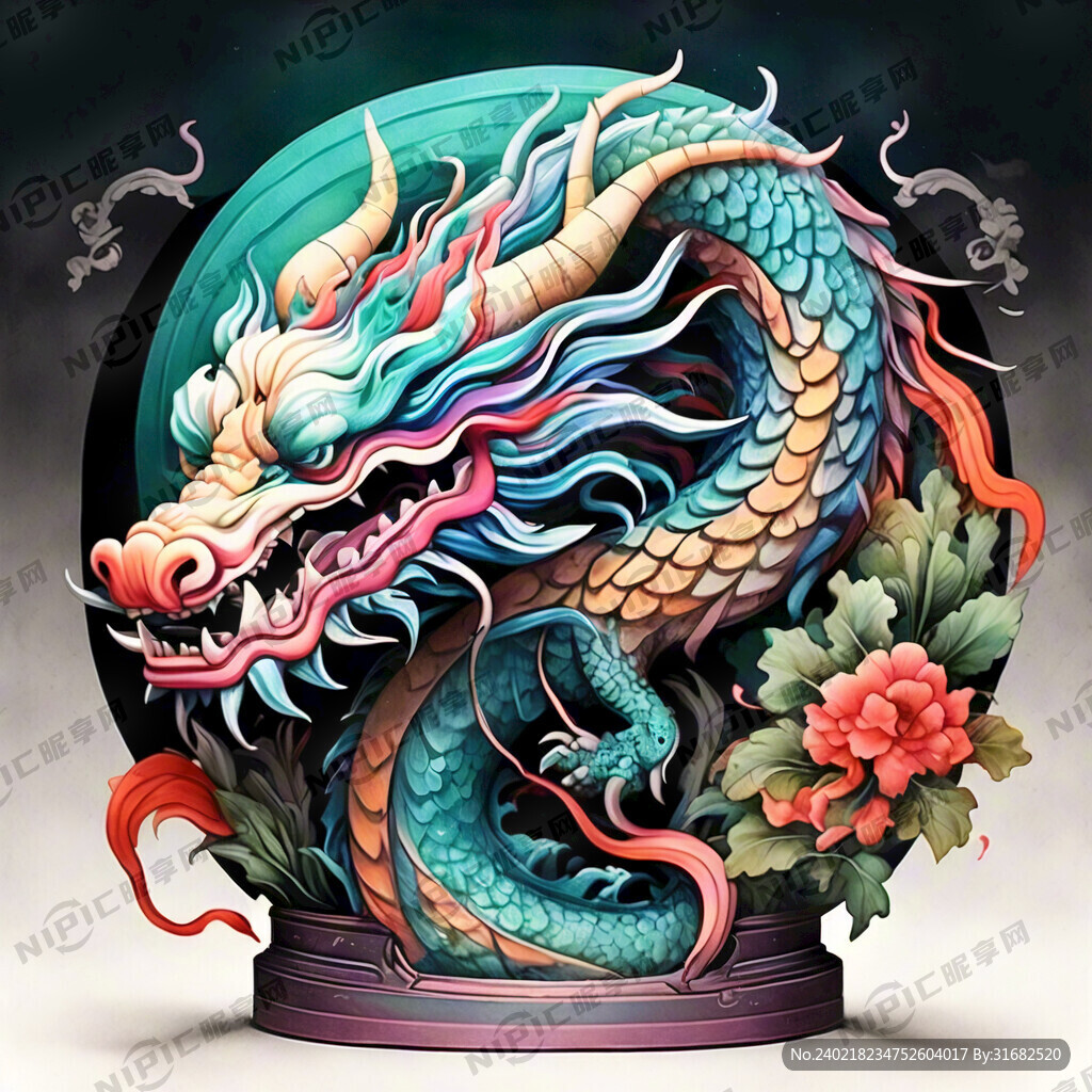 中国龙 正面 彩色国潮风插画