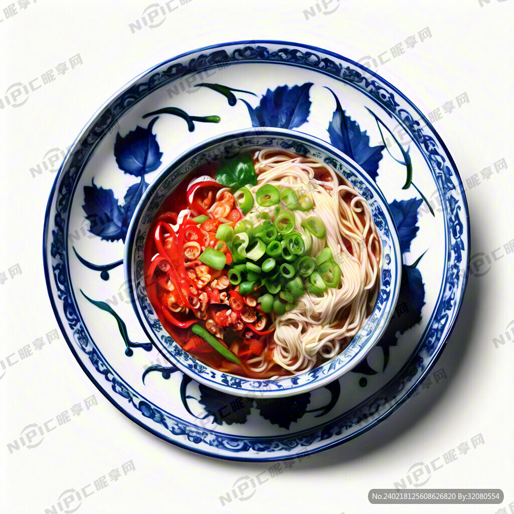 椒酱面 有汤水 青花瓷碗 高清