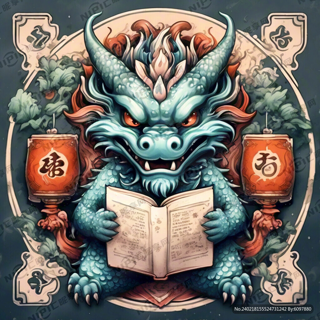 一条卡通化的中国龙在阅读书籍的