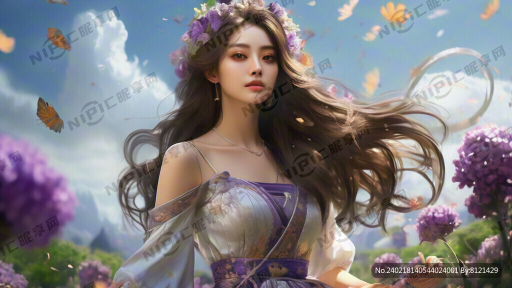 女神 棕色长发 花环 紫色花朵