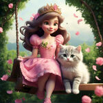 公主和猫咪 卡通少女 粉色花瓣公主风秋千 粉色公主裙 背后绿色花海