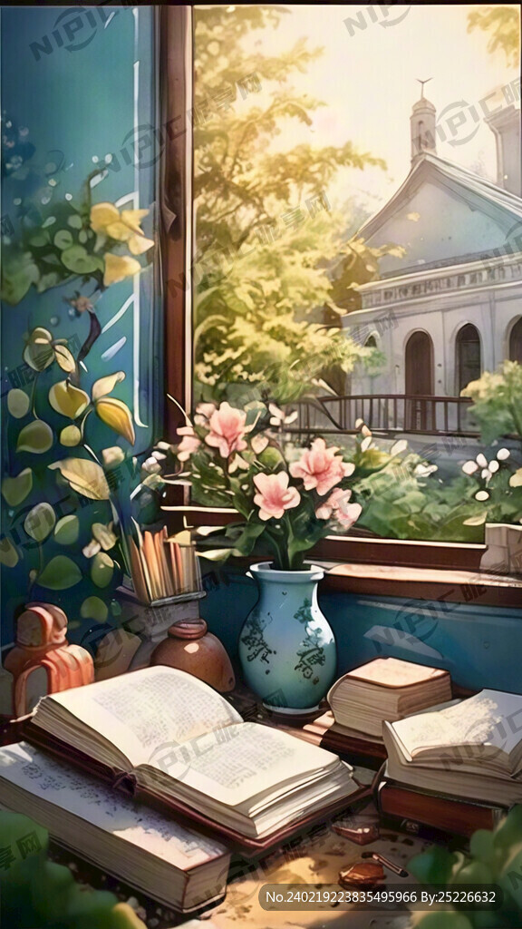 手绘 卡通 书本 草坪