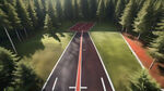 长横图,俯视,森林里面的红色运动跑道,阳光斜照
