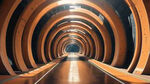 橘色调的城市隧道，现代风格，隧道内没有车，方向从左往右拐弯，能看见隧道入口，有阳光斜斜地洒下来