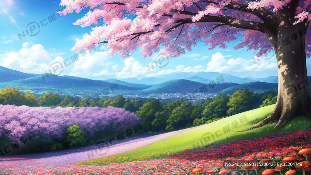 前景几颗大树 花草满地