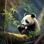 一只小熊猫，坐在树上吃竹子，看着远方的群山