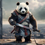 一只熊猫站在城市高楼上，一手拿着大刀，一手拿着盾牌，看着城市废墟。
