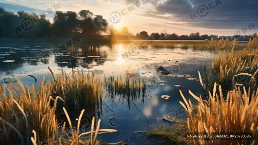 芦苇荡 湖面 日出