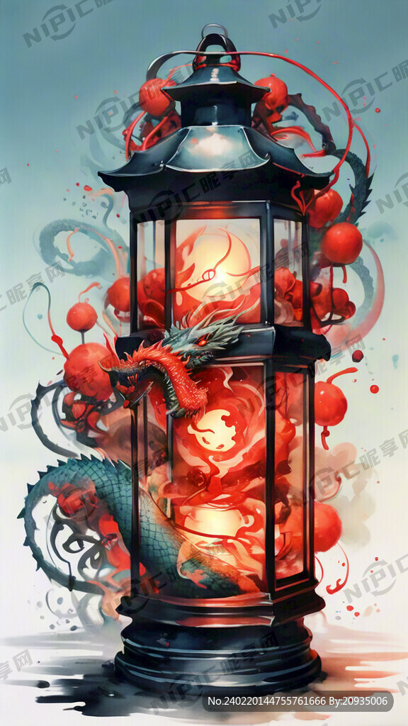 红色调 龙缠绕在灯笼上面