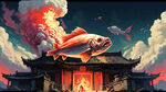 中国红的背景，中式建筑在云雾缭绕的天空中，一位白发老者在大门前翻烤着一条巨大的鱼，鱼被凶猛的大火烤得油滋滋的反光，飘出阵阵的肉香